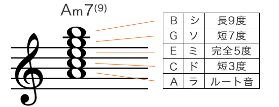 Am9 （Aマイナーナインス）の構成音を五線譜で表記