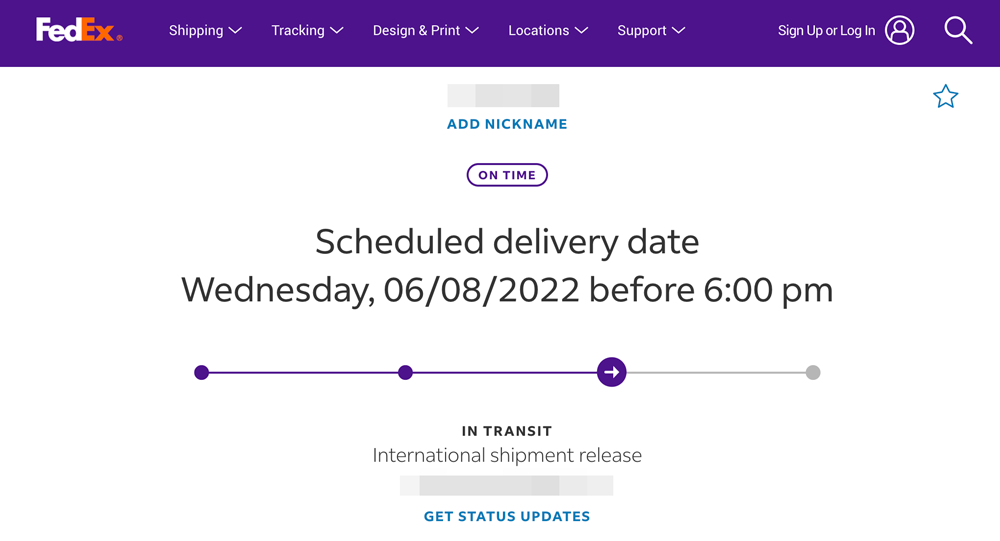 FedExの荷物追跡画面