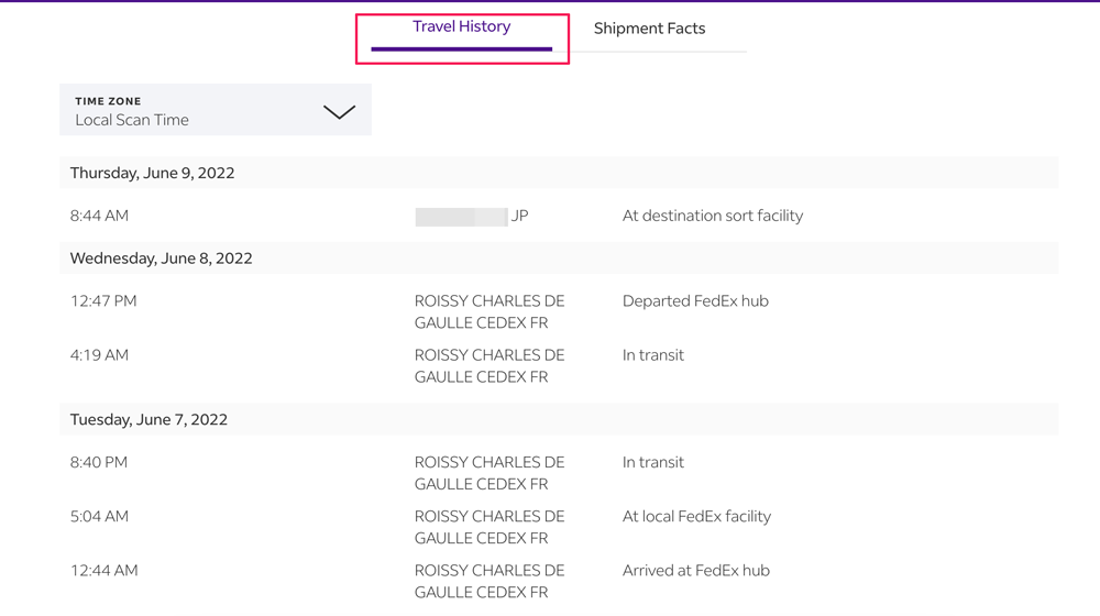 FedExの荷物追跡レポートの画面